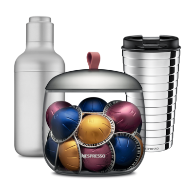 Nespresso Shaker Touch travel mug and display MIA