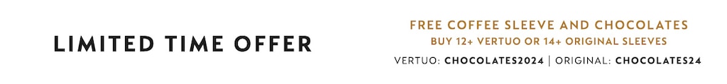 Free coffee sleeve and chocolates. Buy 12+ Vertuo or 14+ Original sleeves. Vertuo Code: CHOCOLATES2024. Original Code: CHOCOLATES24